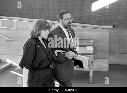 Wall Street securities analyst Joseph Pikul, right, with his third wife, Mary Bain  at the Orange County Courthouse where is tried for the murder of his second wife, Diane Whitmore, at the Goshen, NY on January 20, 1989. Photo by Francis Specker Stock Photo