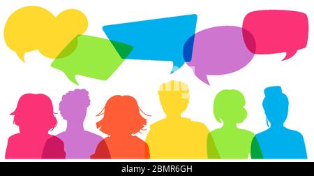 People icon colorful overlay dialog speech bubble. Flat cartoon style. Group young people students discuss social network, news, social networks, health. Silhouette speech bubbles. Vector illustration Stock Vector