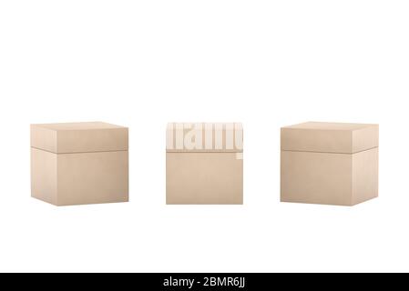 Square craft paper box branding template. Elegant realistic box on white background. Front and side view of cardboard box. Branding presentation mocku Stock Photo