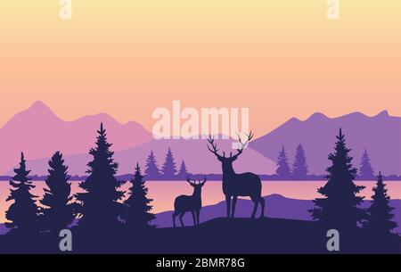 vector illustration of mountain background with trees, deer, lake. Stock Vector