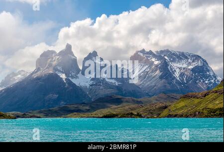 The Cuernos del Paine Andes peaks by Pehoe Lake, Torres del Paine national park, Patagonia, Chile.