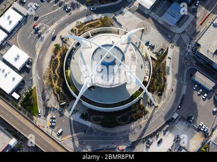 Theme Building aerial view at LAX Airport. Iconic space age structure with Populuxe influence. Googie architecture in Los Angeles, United States (USA). Stock Photo