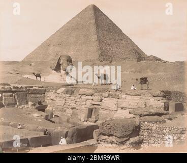 Silver albumen print of the sphinx and the Great Pyramid of Giza, circa 1885, by H Arnoux Stock Photo