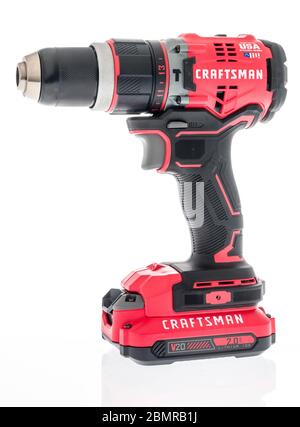 Winneconne,  WI - 1 May 2020:  A Craftsman cordless battery powered hammer drill on an isolated background Stock Photo