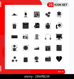 Pack of 25 Modern Solid Glyphs Signs and Symbols for Web Print Media such as group, business, camping, focus group, tool Editable Vector Design Elemen Stock Vector