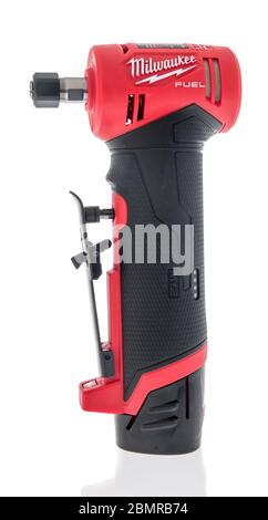 Winneconne,  WI - 10 May 2020:  A package of Milwaukee fuel right angle die grinder on an isolated background Stock Photo