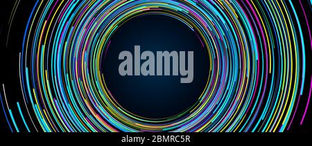 Background of lines of blue, green, yellow and purple color rotating in circles on a black background forming a texture. 3D Illustration Stock Photo