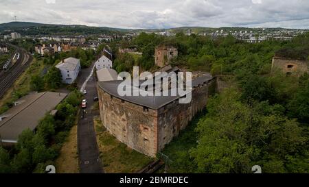 Koblenz, Germany. 30th Apr, 2020. Ehrenbreitstein Fortress, the largest  part of the major Koblenz fortress, is situated high above the Rhine with a  view of the city and the Deutsches Eck at