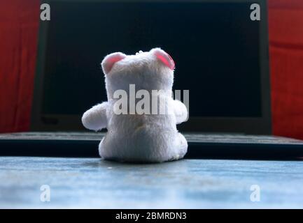 Teddy bear sitting in front of laptop computer device. Still Life. Child using digital technology. Conceptual background concept. Modern childhood edu Stock Photo
