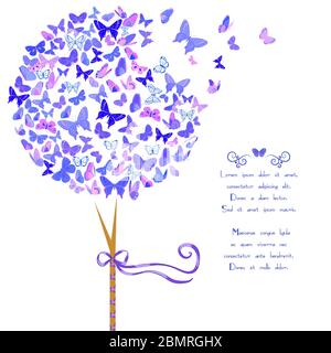 Vintage stylized vector tree made of butterflies in violet blue hues. Template card design with space for text. Design element with set of butterflies Stock Vector