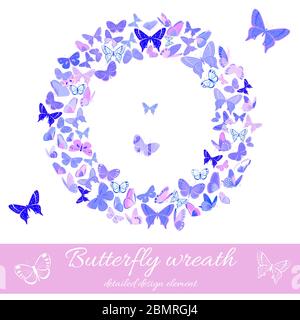 Stylized wreath made of butterflies in delicate violet and pink hues. Design element with set of butterflies. Great for invitations, cards and bag pri Stock Vector