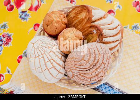 Mexican Sweet bread assorted in Mexico, traditional breakfast bakery Stock Photo