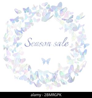 Promotion banner, poster, flyer featuring butterflies in pastel hues arranged in circle forming a frame for a text. Vintage style Stock Vector