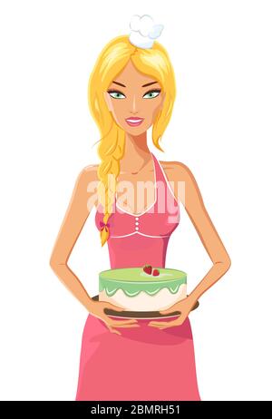 Illustration of attractive smiling woman in a chef s hat holding a strawberry cake against white background. Stock Vector