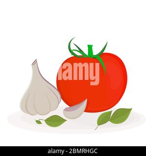 Set of tomato, garlic and basil leaves isolated on white background Stock Vector