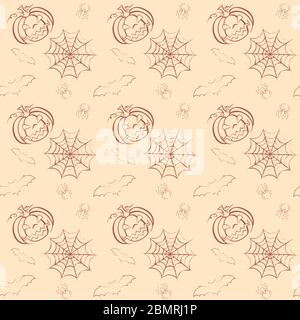 Seamless Halloween background with pumpkins, bats and spiders in modern line art style. Perfect holiday themed pattern for textile, wallpaper, website Stock Vector