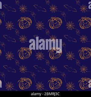 Seamless Halloween pattern with pumpkins, Jack O Lanterns, bats and spiders in modern line art style. Holiday themed print for textile, wallpaper, web Stock Vector