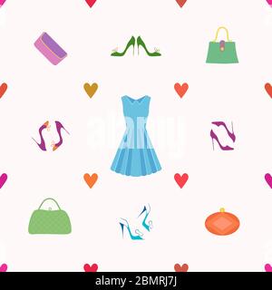 Seamless vector background of fashion items, dress, shoes and handbags, purses Stock Vector