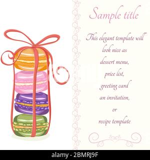 Elegant card, invitation template featuring macaroons tied up with bright ribbon and text banner on the right. There are floral decorative elements se Stock Vector