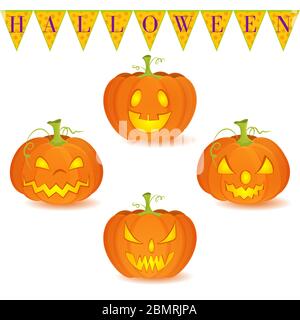 Halloween decoration Jack O Lantern vector set on white background. Pumpkins designs with different facial expressions. Could be used as icons or sepa Stock Vector