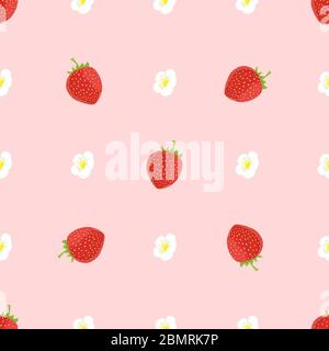 Strawberry vector seamless background. Red ripe strawberries with white flowers on pink seamless background Stock Vector