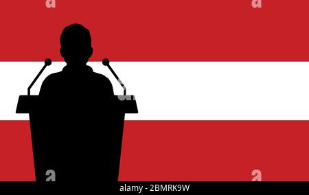Orator Speaking From Tribune Austria Flag Background. Public Speaker Speech In Austria. Businessman Presentation Conference Concept. Stock Vector