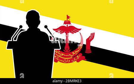 Orator Speaking From Tribune Brunei Flag Background. Public Speaker Speech In Brunei. Businessman Presentation Conference Concept. Stock Vector