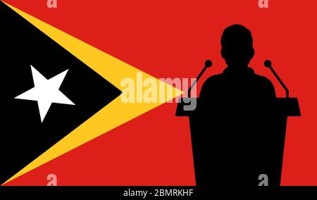Orator Speaking From Tribune East Timor Flag Background. Public Speaker Speech In East Timor. Businessman Presentation Conference Concept. Stock Vector