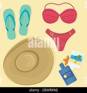 Summer beach flatlay of red bikini swimsuit, turquoise flip-flops, high protection sunscreen, hat and photos of palms and starfish. Stock Vector