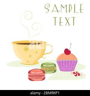 Vector card template of cup with hot beverage, cherry cupcake, macaroons and candy with space for text. Vintage. Stock Vector