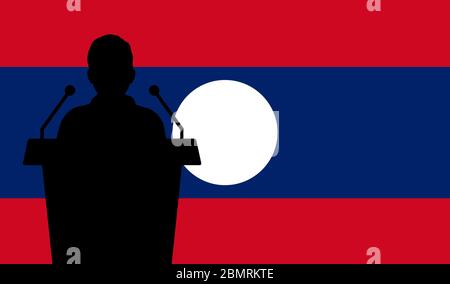 Orator Speaking From Tribune Laos Flag Background. Public Speaker Speech In Laos. Businessman Presentation Conference Concept. Stock Vector