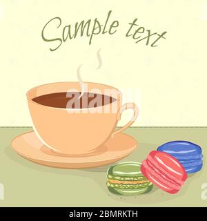 Vector illustration of cup with hot beverage, saucer and three macaroons colorful macaroons on a table. Subtle outline pattern of macaroons, hearts an Stock Vector
