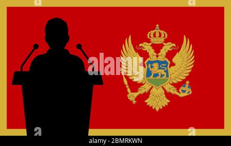 Orator Speaking From Tribune Montenegro Flag Background. Public Speaker Speech In Montenegro. Businessman Presentation Conference Concept. Stock Vector