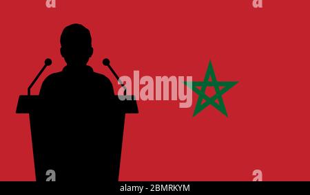 Orator Speaking From Tribune Morocco Flag Background. Public Speaker Speech In Morocco. Businessman Presentation Conference Concept. Stock Vector