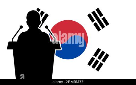 Orator Speaking From Tribune South Korea Flag Background. Public Speaker Speech In South Korea. Businessman Presentation Conference Concept. Stock Vector