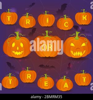 Halloween vector poster with Jack O Lanterns, bats and carved pumpkins forming Trick or Treat words. Stock Vector
