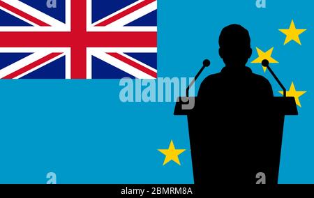 Orator Speaking From Tribune Tuvalu Flag Background. Public Speaker Speech In Tuvalu. Businessman Presentation Conference Concept. Stock Vector