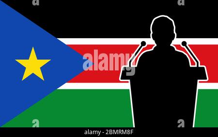 Orator Speaking From Tribune South Sudan Flag Background. Public Speaker Speech In South Sudan. Businessman Presentation Conference Concept. Stock Vector