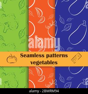 Set of flat seamless backgrounds with hand drawn vegetables. Food theme. Unique and elegant patterns for cafes, websites, scrapbook projects, wallpape Stock Vector