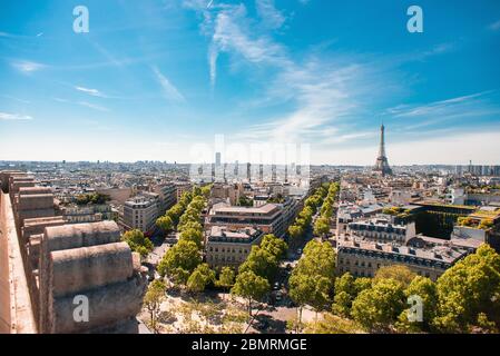 Beautiful Panoramic View of Paris with Eiffel Tower from the Roof of Triumphal Arch. France. Stock Photo