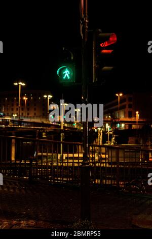Closeup of colorful traffic lights with arrows in night city 2020 Stock Photo