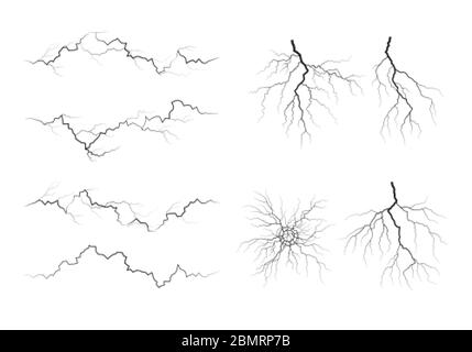 Set of lightning silhouettes. Thunderstorm isolated on white. Vector illustration Stock Vector