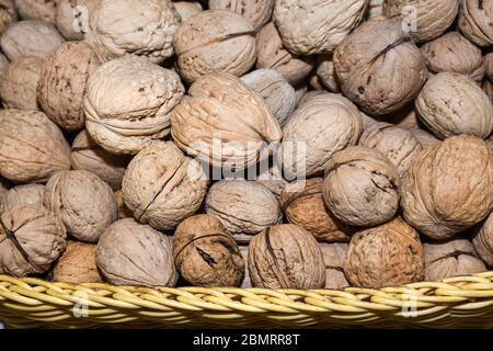 Walnuts with and without shells (filling the picture). Background of fresh walnuts. Stock Photo