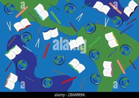 school theme texture with globe pen book Stock Vector