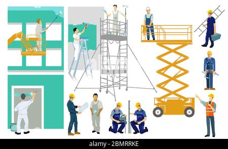 Painters and artisans on construction site. set - illustration Stock Vector