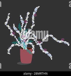 Image of a plant with white flowers in a pot on a gray background. Vector graphics. For design of postcards, posters, covers, prints of clothing Stock Vector