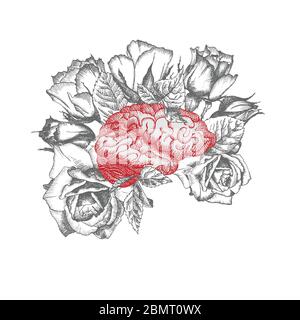 Brain with bouquet roses Realistic hand-drawn icon of human internal organ and flower frame. Engraving art. Sketch style. Design concept for medical Stock Vector