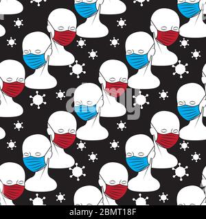 seamless pattern of medical virus face mask on black background. Vector image Stock Vector