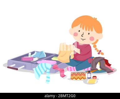 Illustration of a girl packing her suitcase to go on a trip or