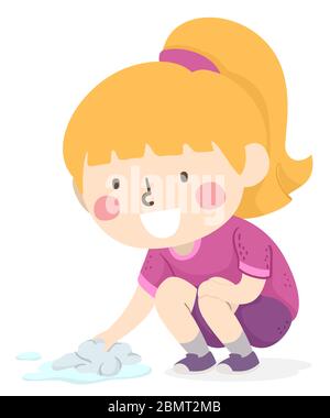 Illustration of a Kid Girl Using Rag for Wiping Spilled Water on the Floor Stock Photo